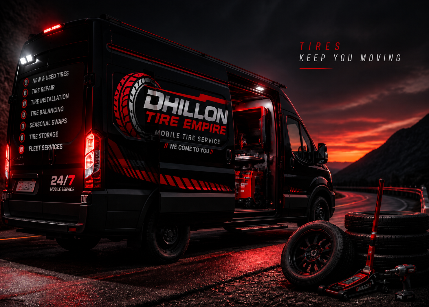Dhillon Tire Empire service van with tires and tools