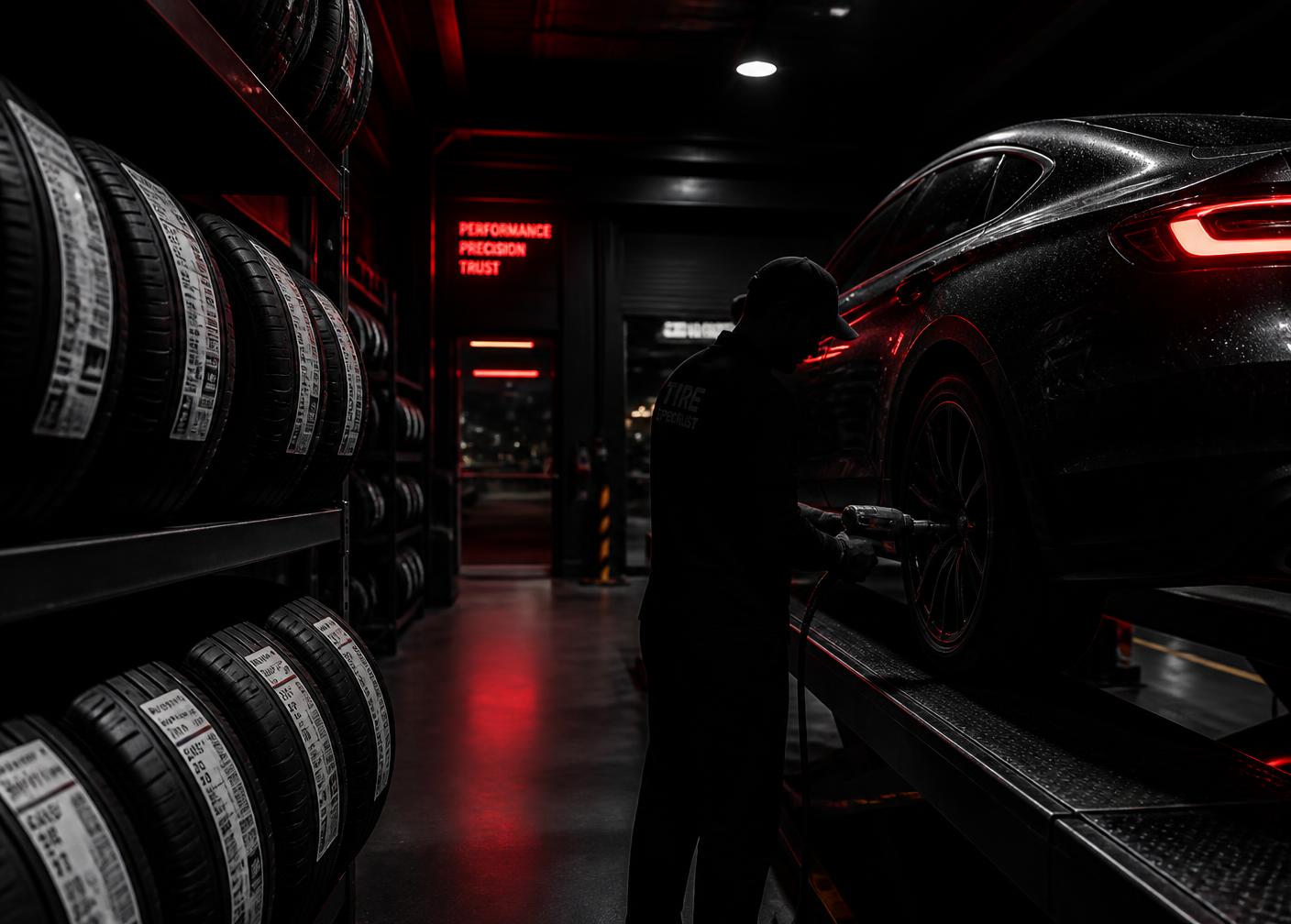 Dark tire workshop bay with red lighting and stacked tires
